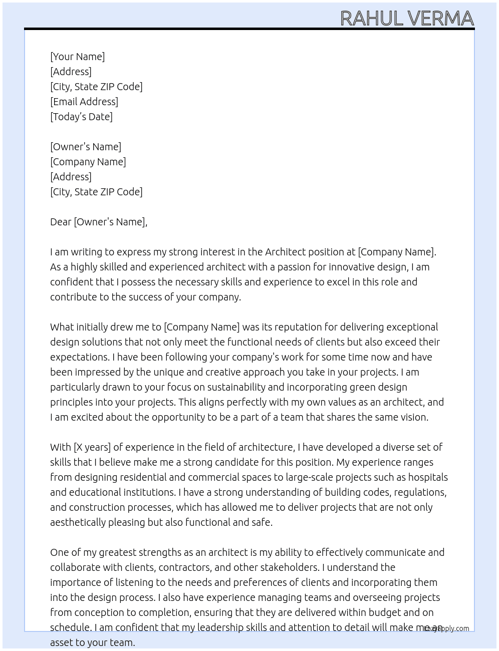 Architect  At Architect  Cover Letter