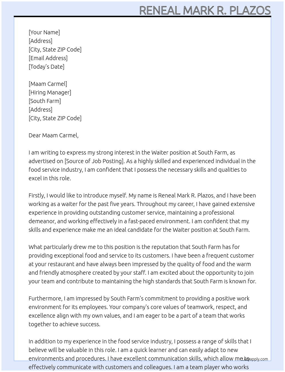 Waiter At South Farm Cover Letter