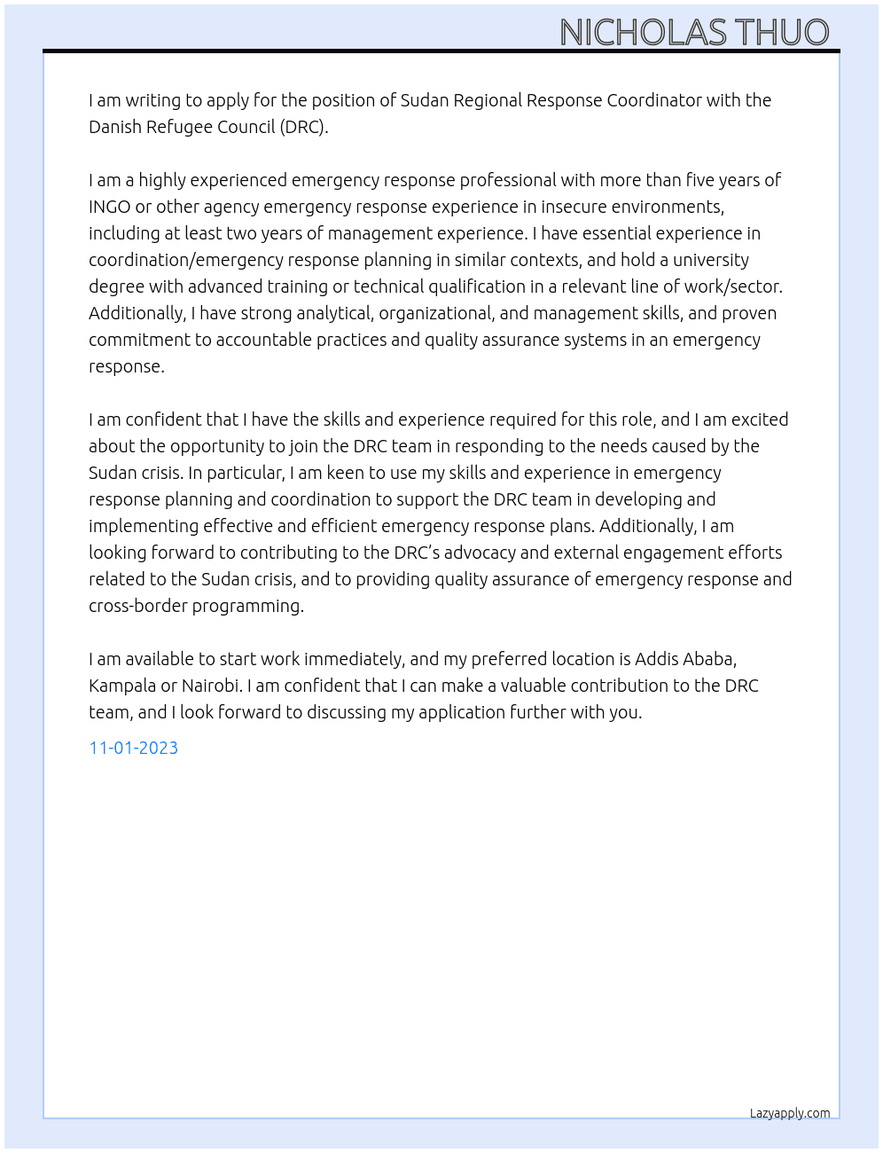Sudan Regional Response Coordinator	 At Sudan Regional Response Coordinator Cover Letter
