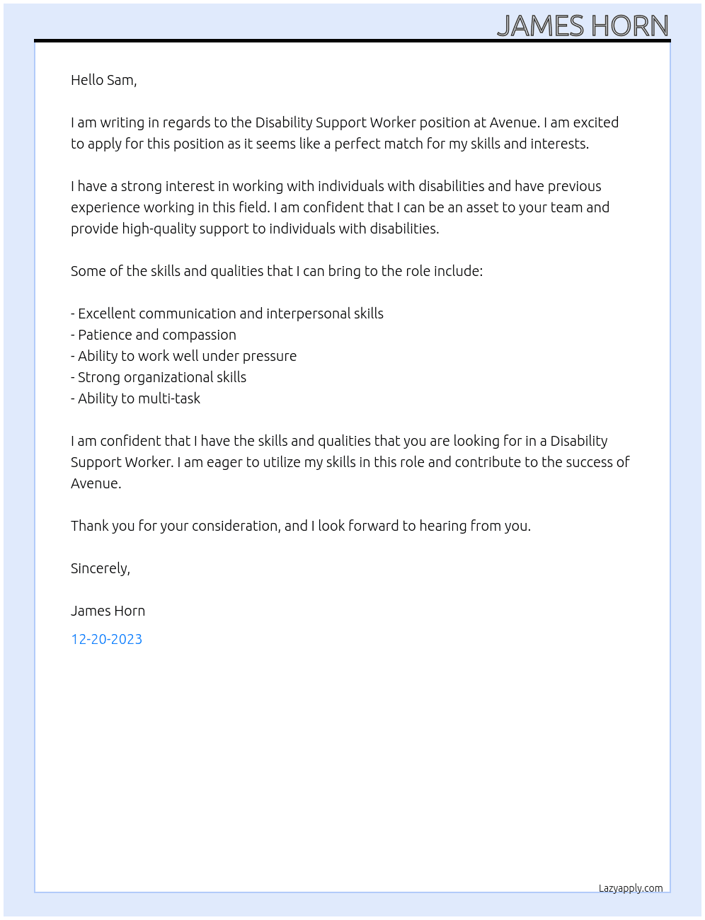 Disability Support Worker At Avenue Cover Letter