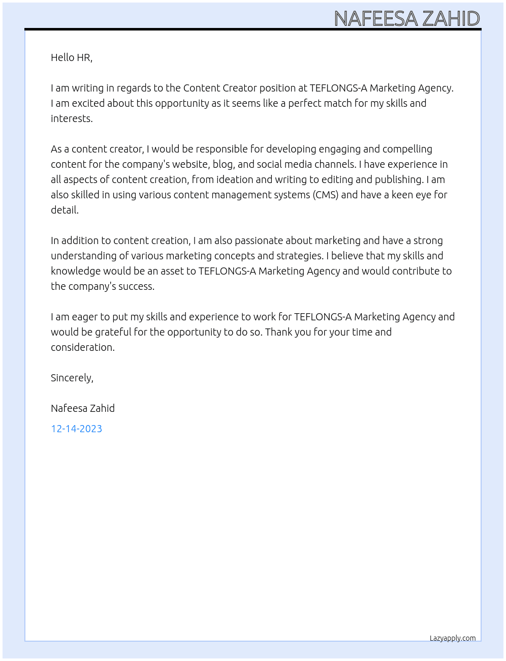 Content Creator At TEFLONGS-A Marketing Agency Cover Letter