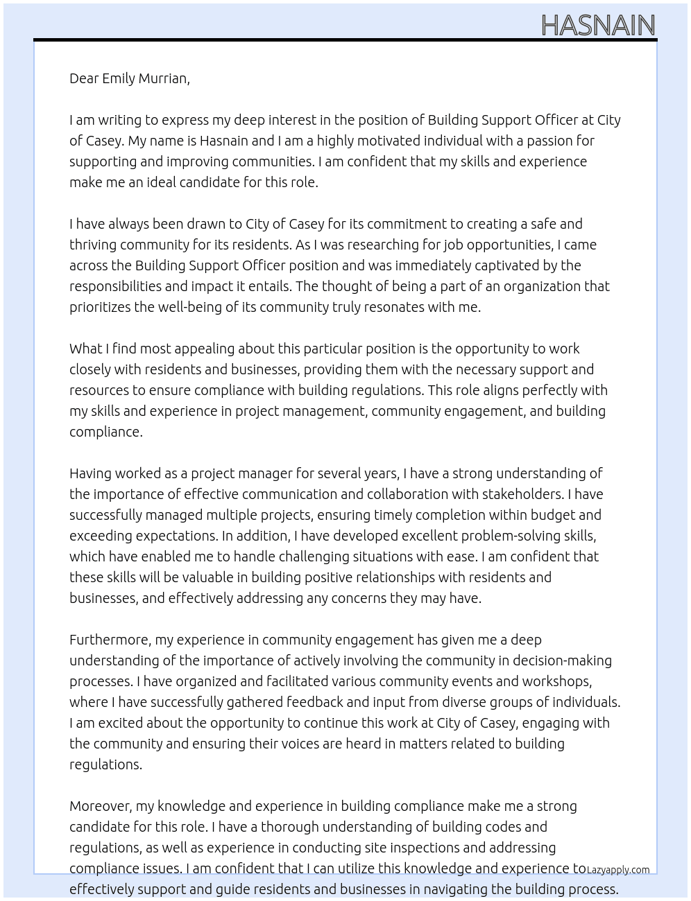 Building support Officer At City of Casey Cover Letter