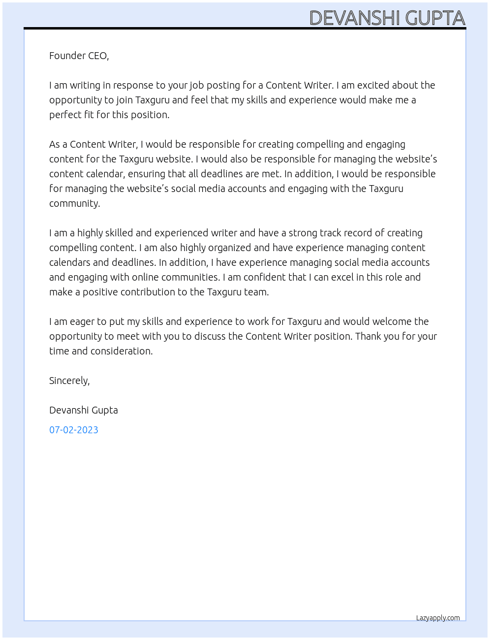 Content Writer At Taxguru Cover Letter