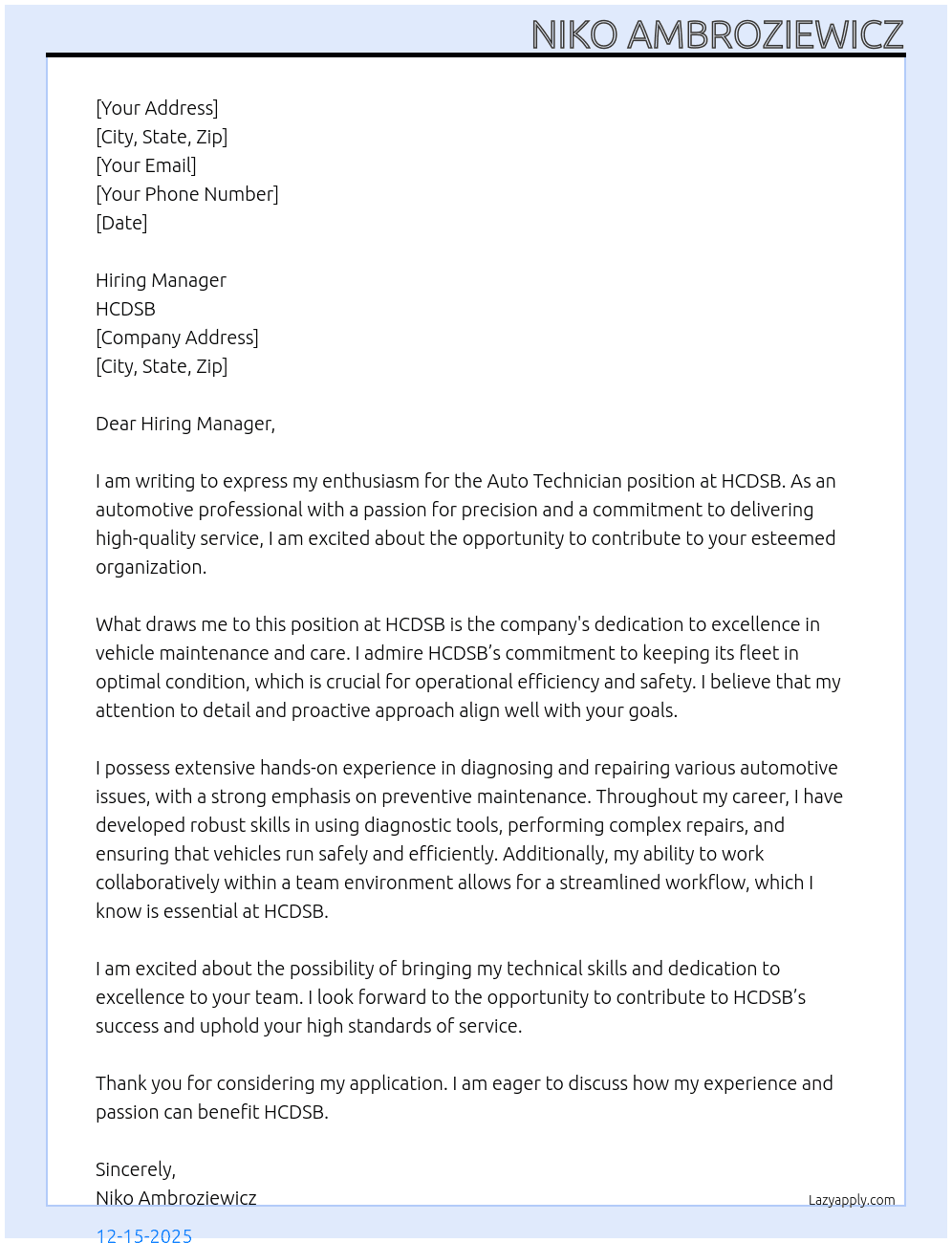 Cover letter for auto technician - LazyApply