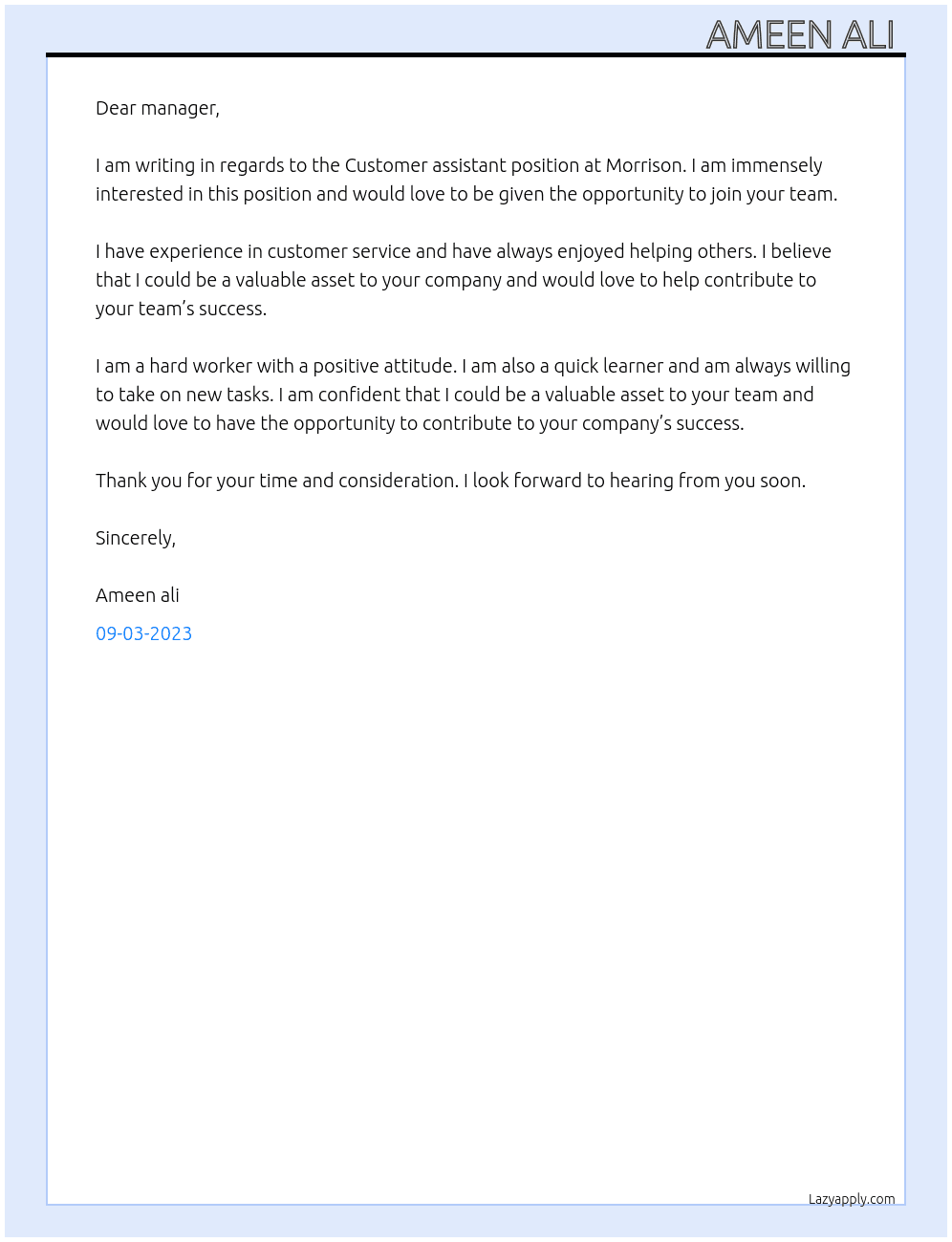 Customer assistant  At Morrison  Cover Letter