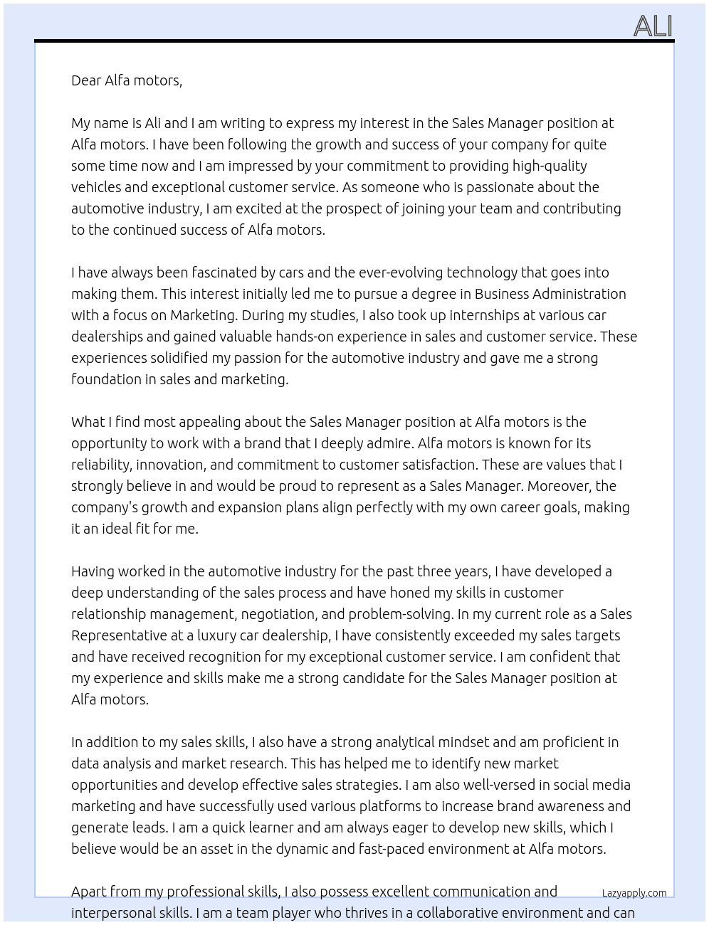 Sales manager At Alfa motors Cover Letter