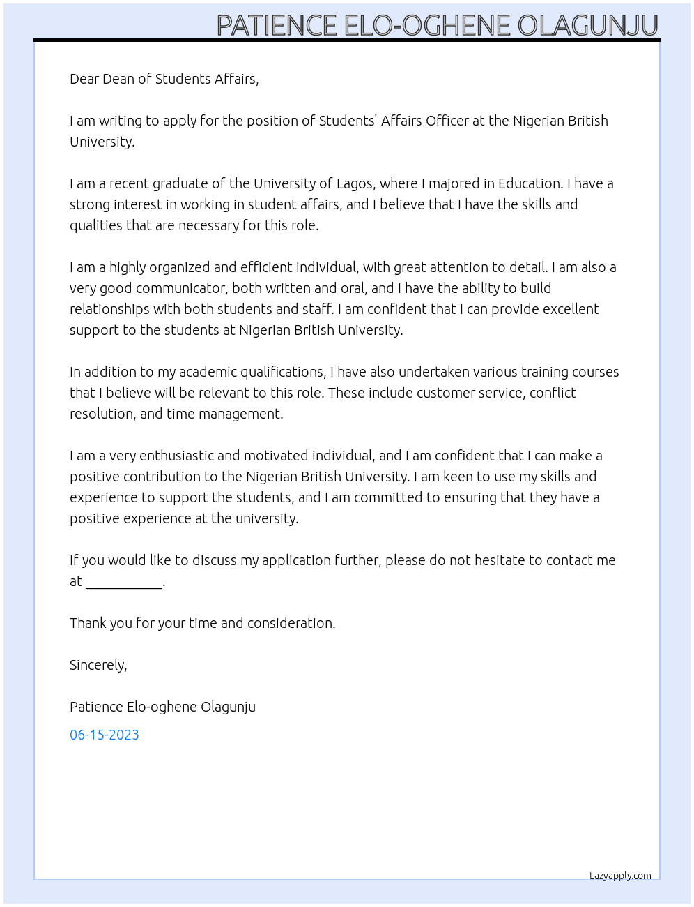 Students'Affairs Officer At Nigerian British University Cover Letter