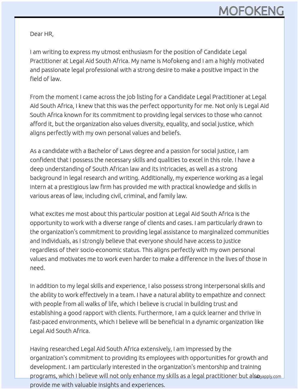 Candidate Legal Practitioner At Legal Aid South Africa Cover Letter