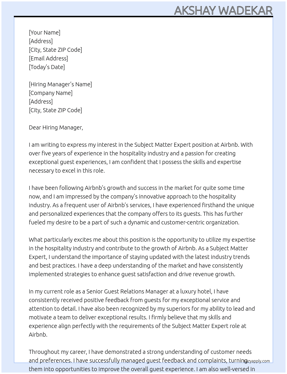 Subject matter expert At Airbnb Cover Letter