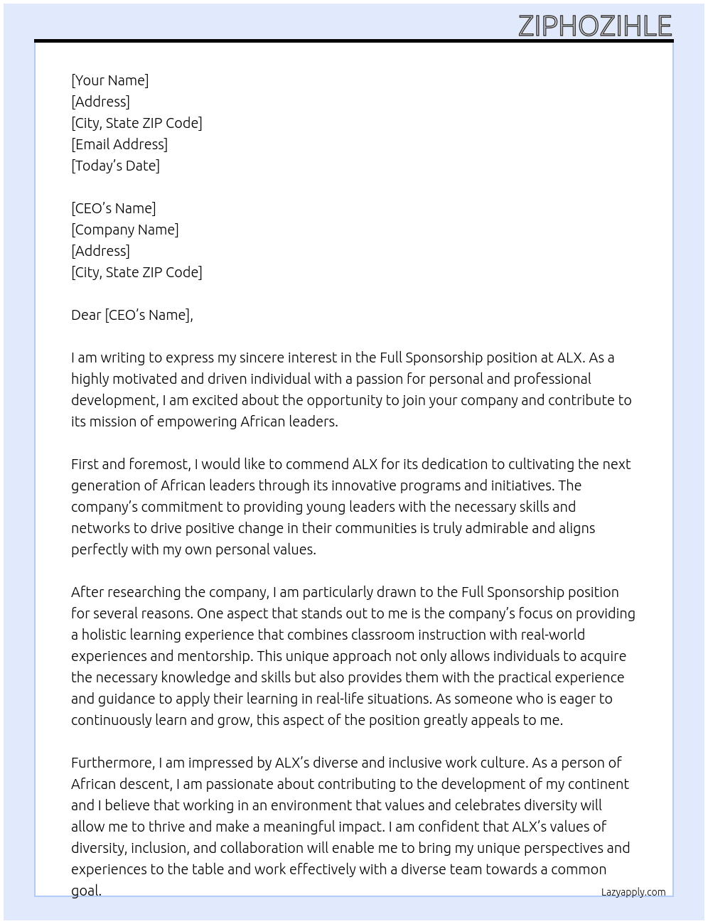 FULL SPONSORSHIP At ALX Cover Letter