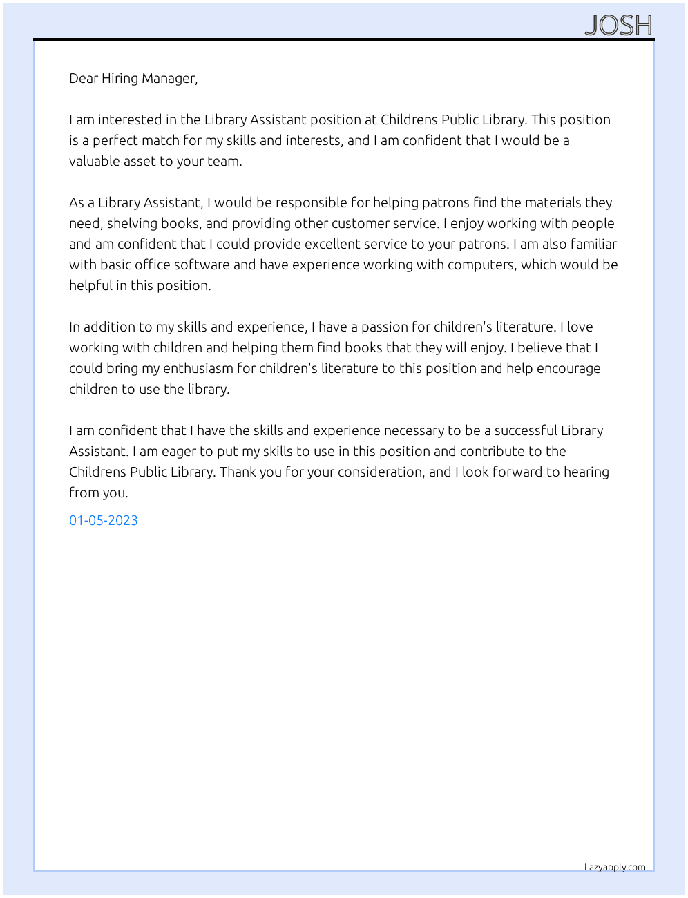 Library Assistant  At Childrens Public Library Cover Letter