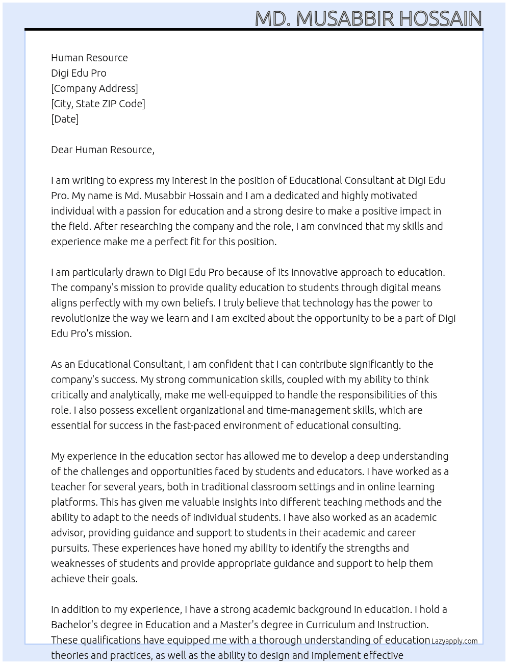 Educational Consultant At Digi Edu Pro Cover Letter