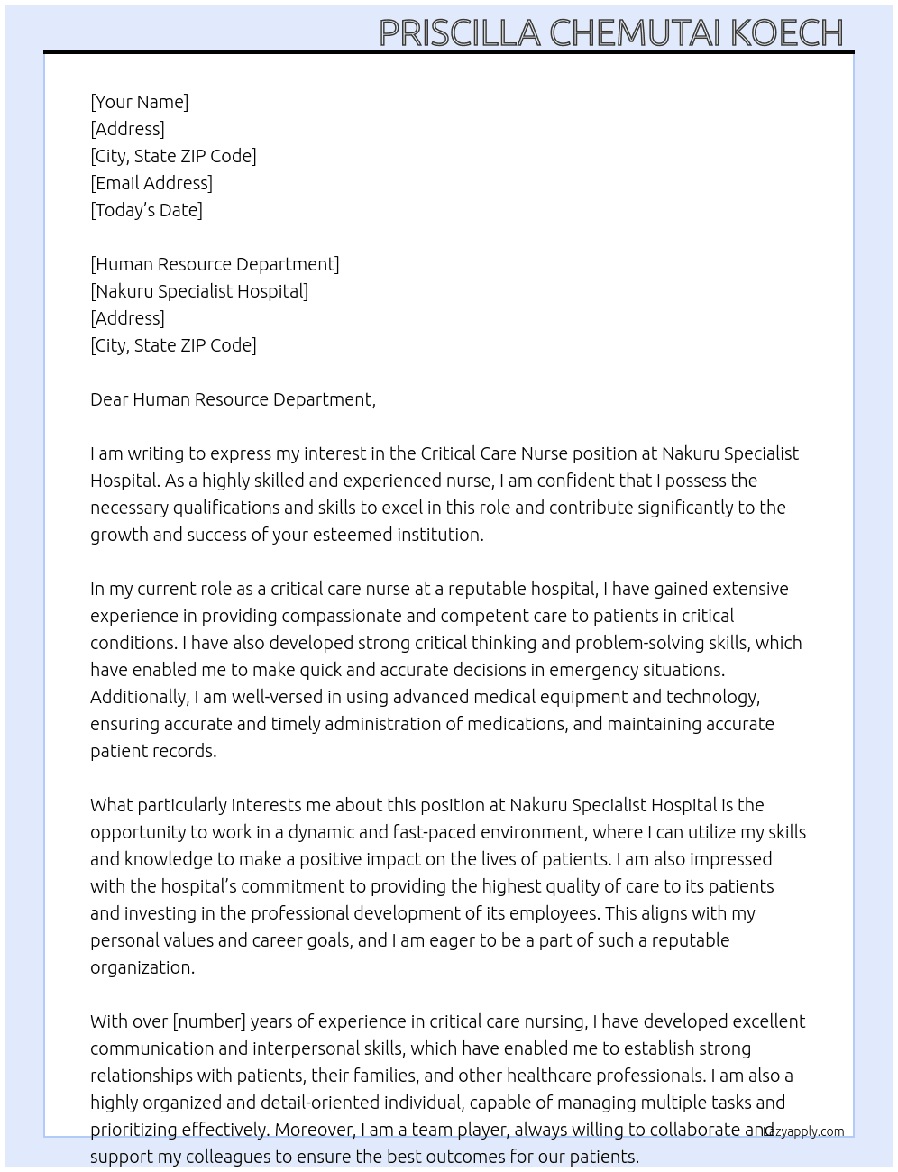 Critical care nurse  At Human resource  Cover Letter