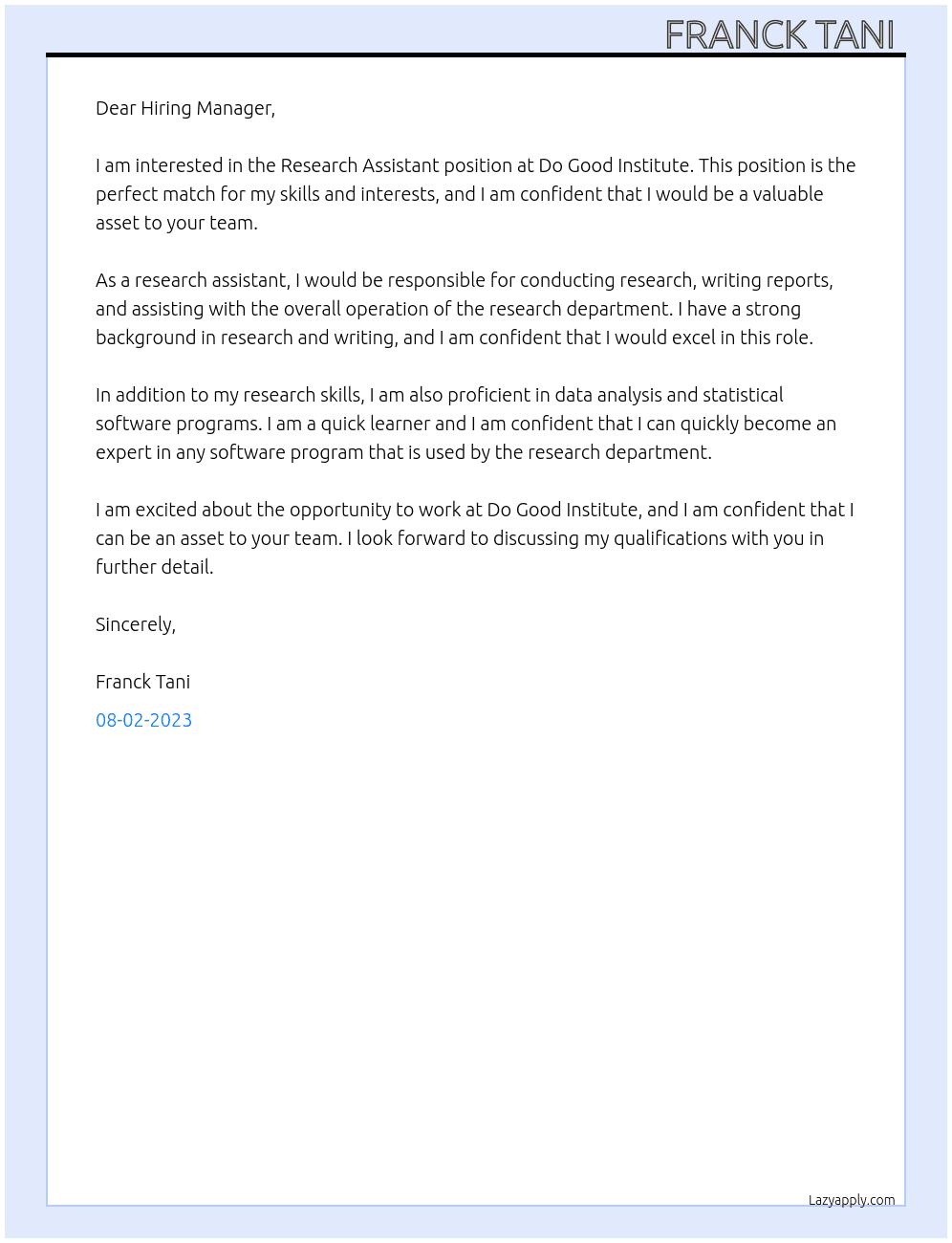 Research Assistant  At Do Good Institute Cover Letter