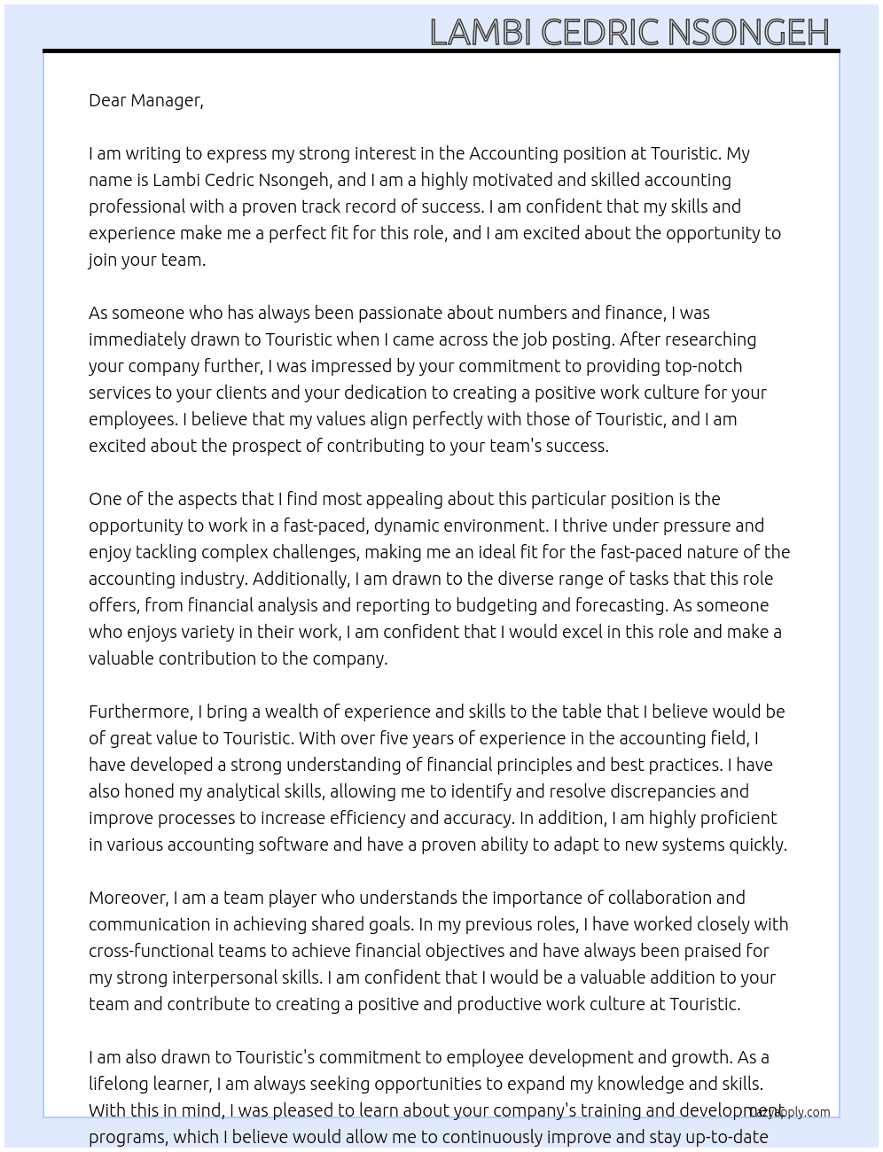 Accounting  At Touristic  Cover Letter