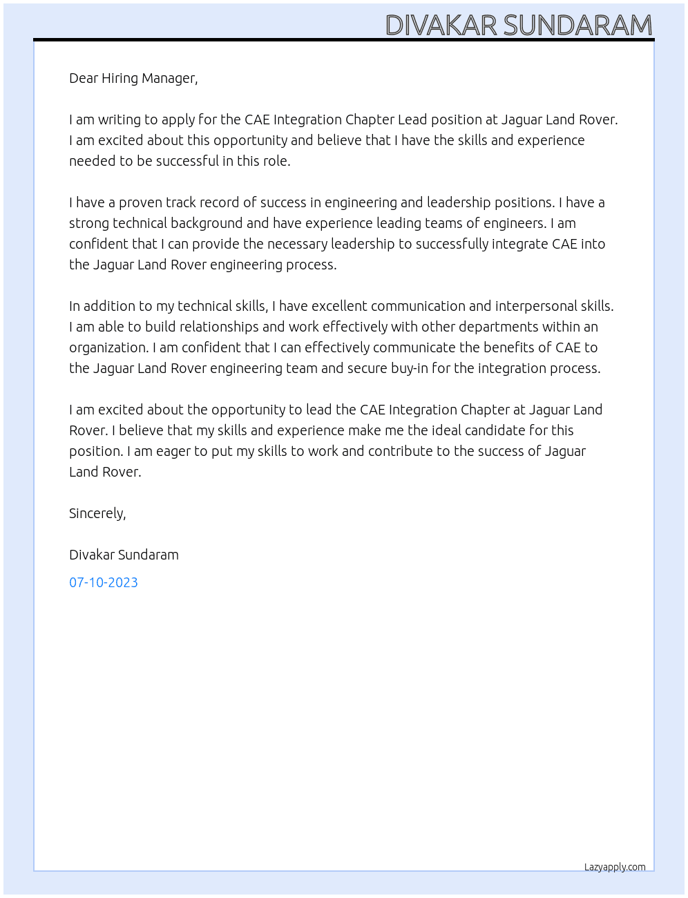 CAE Integration Chapter Lead At Jagur Land Rover Cover Letter