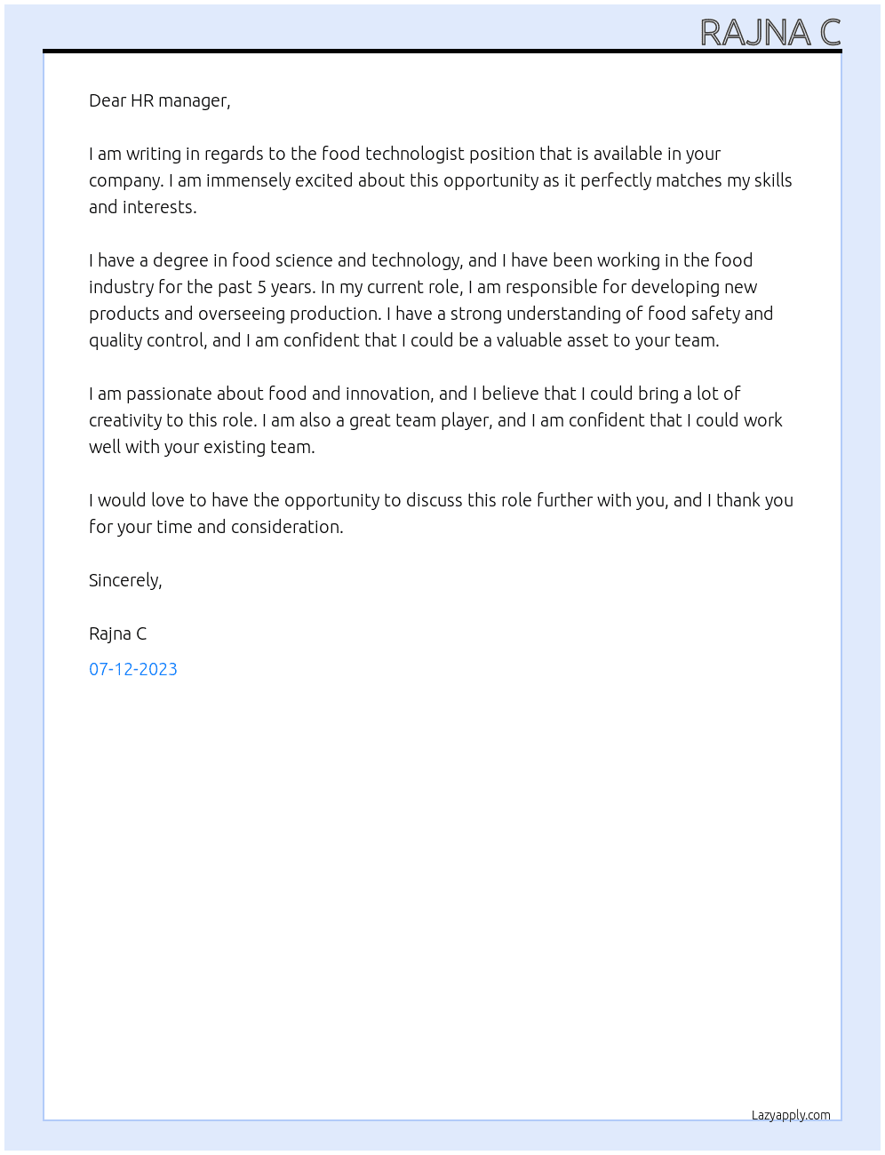Food technologist At Food industry Cover Letter