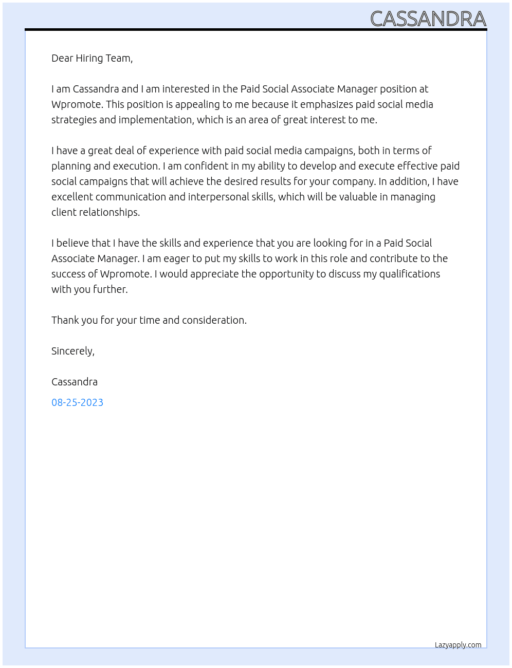 Paid Social Associate Manager At Wpromote Cover Letter