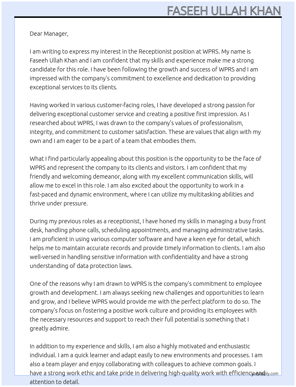 Receptionist  At WPRS Cover Letter
