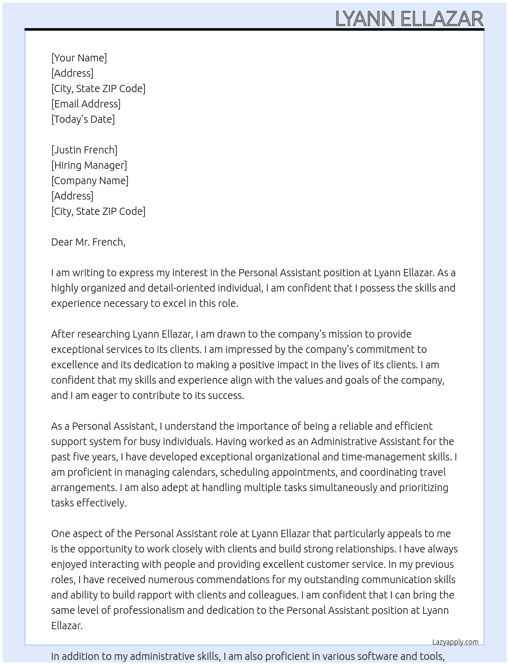 Personal assistant At Lyann Ellazar Cover Letter