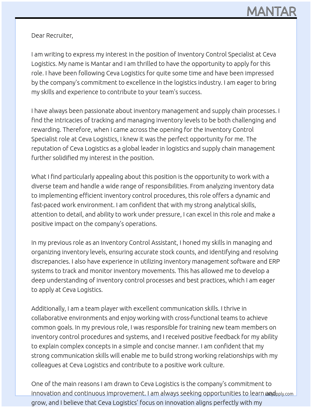 inventory control specialist At Ceva Logistics Cover Letter