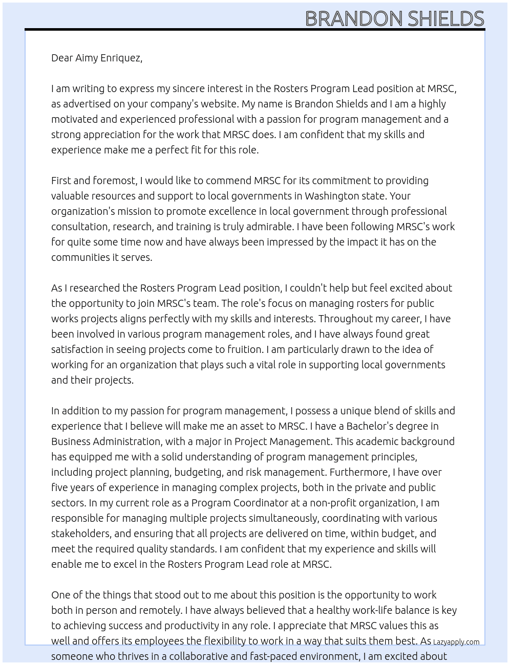 Rosters Program Lead At MRSC Cover Letter