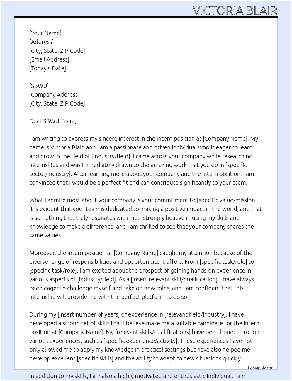intern At SBWU Cover Letter