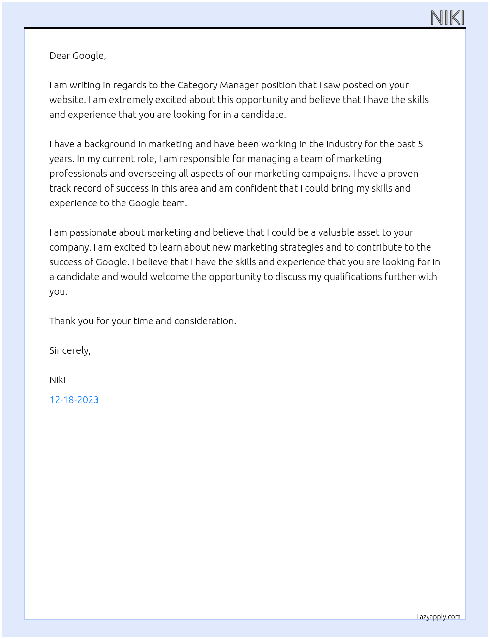 Category Manager At google Cover Letter
