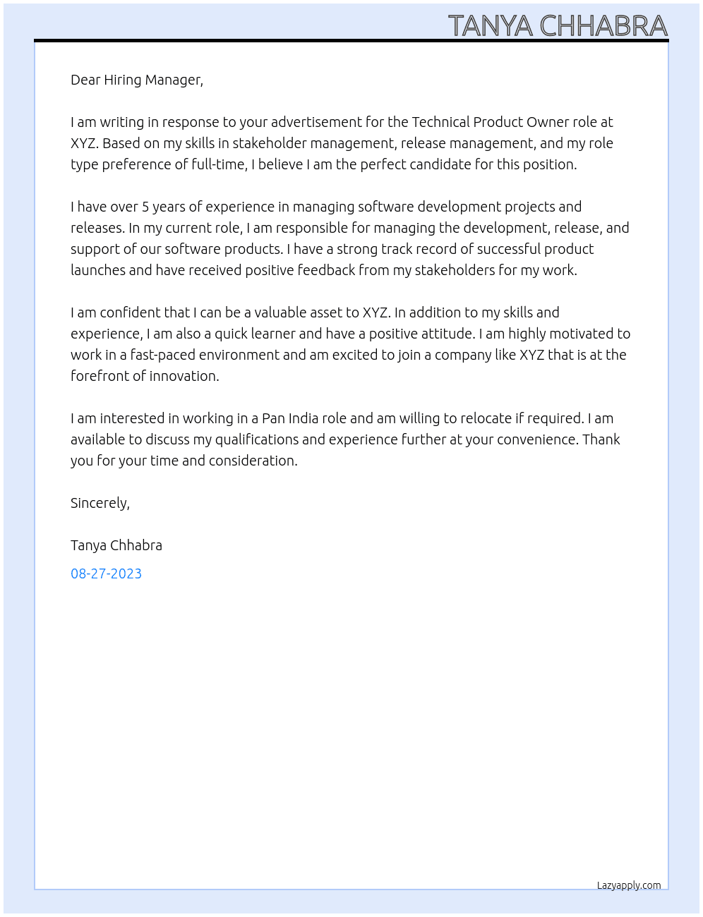 Technical Product Owner At XYZ Cover Letter