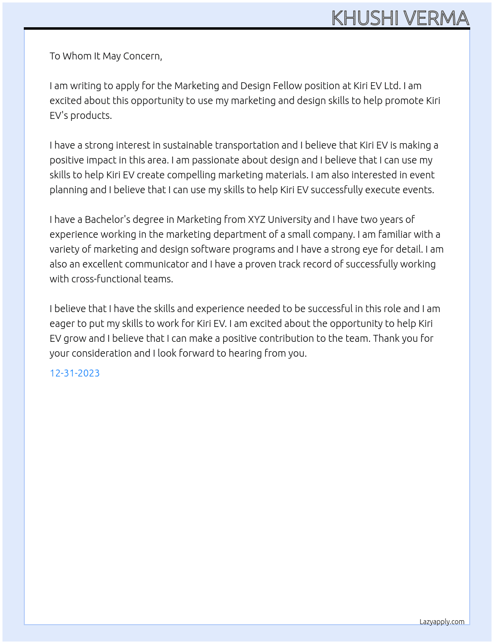 Marketing and desiging fellow At Kiri EV Ltd Cover Letter