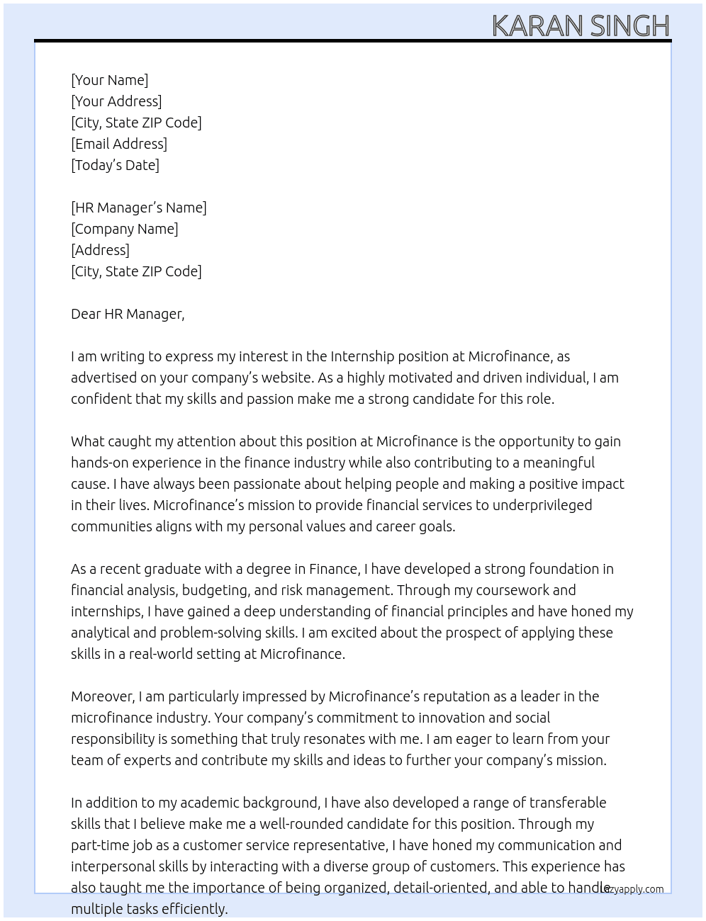 Internship  At Microfinance  Cover Letter