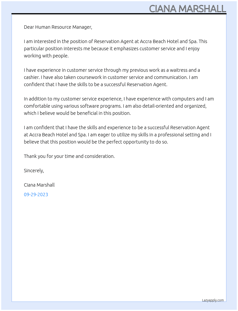 Reservation Agent At Accra Beach Hotel and Spa Cover Letter