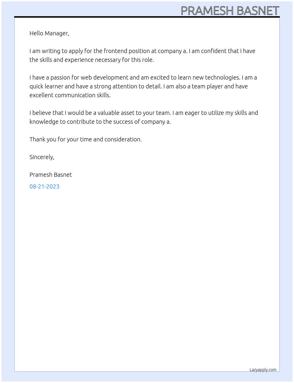 frontend  At a Cover Letter