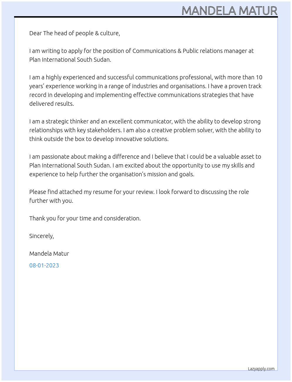 Communications & Public relations manager At Plan International South Sudan Cover Letter