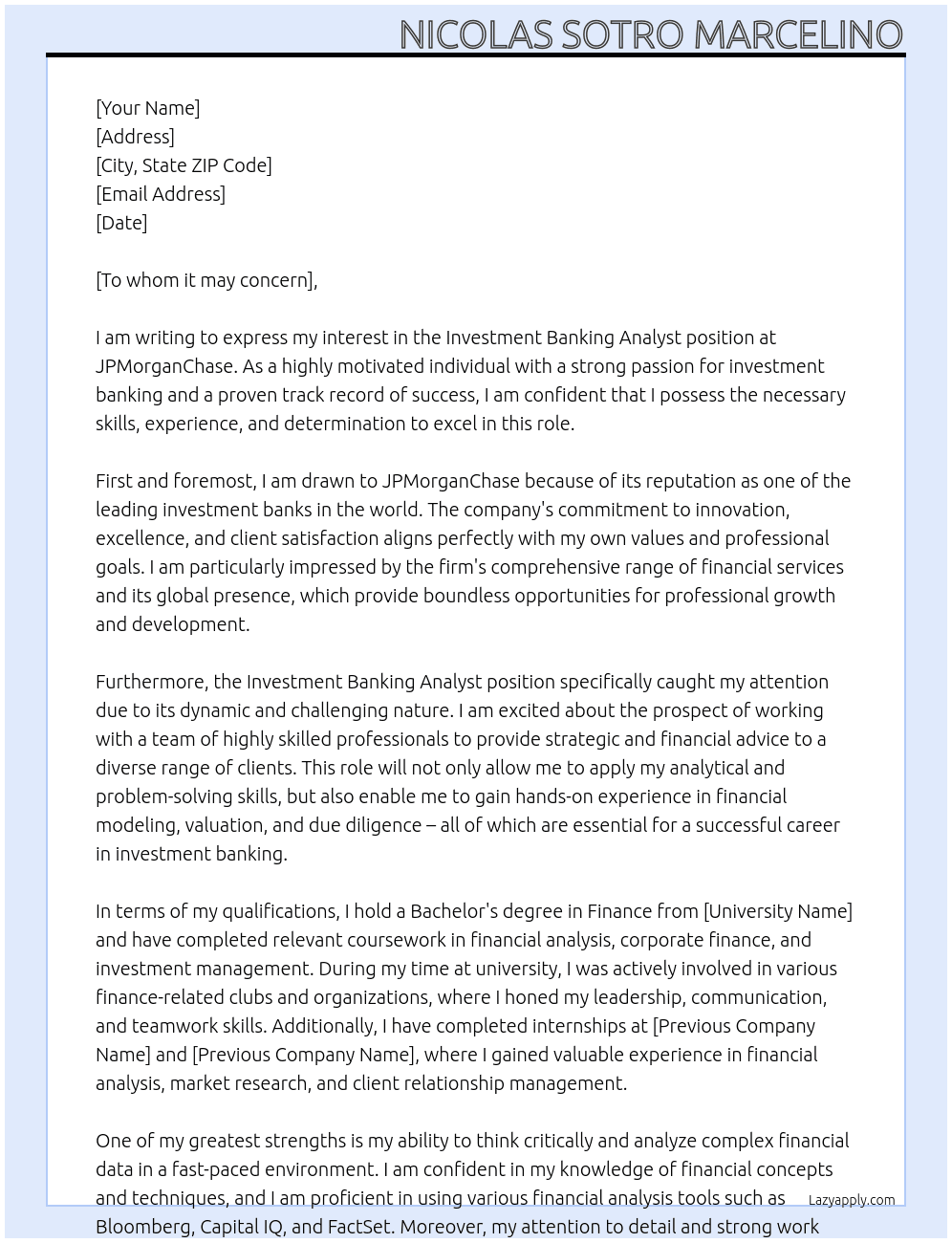 Investment Banking Analyst At JPMorganChase Cover Letter