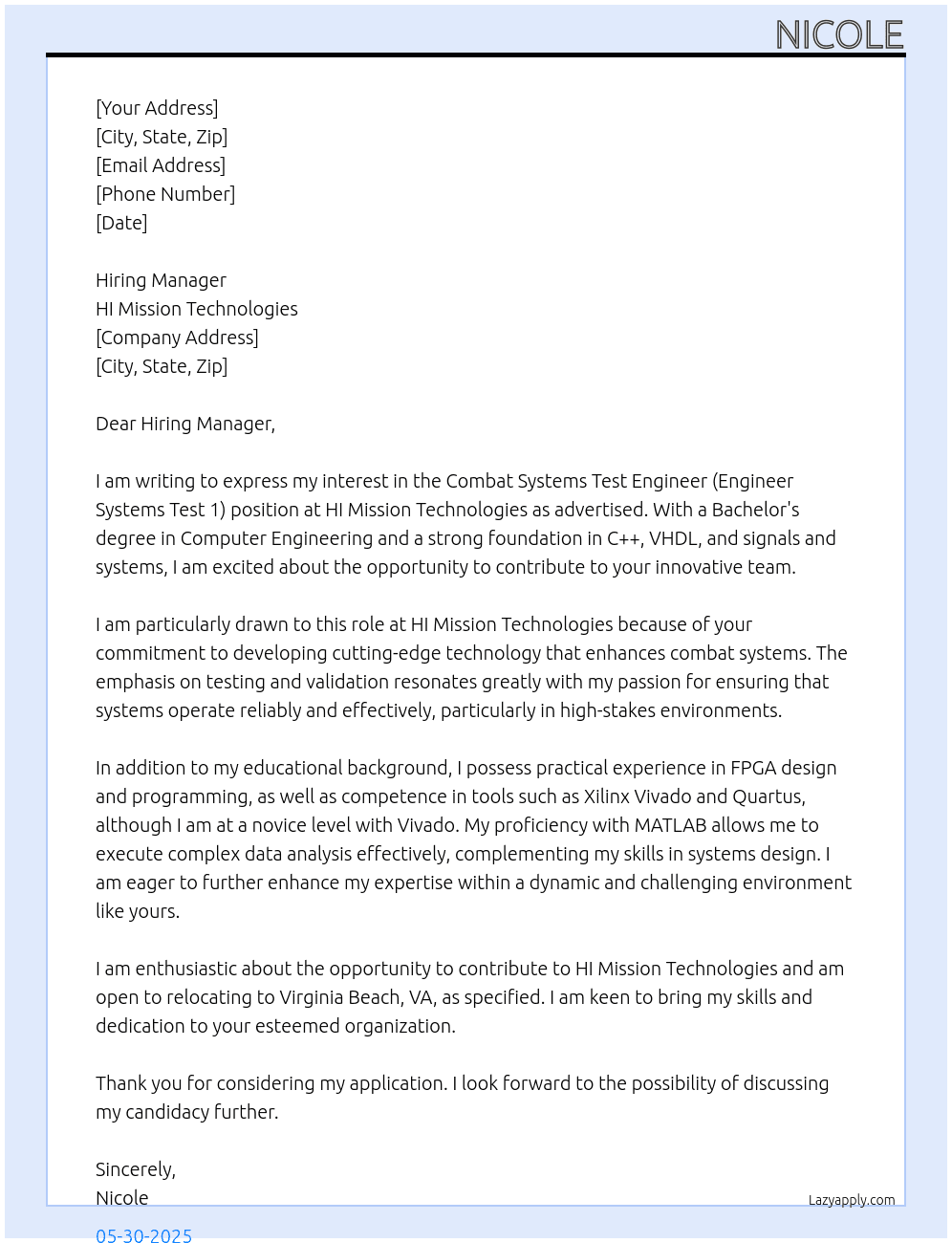 Combat Systems Test Engineer (Engineer Systems Test 1) At HI Mission Technologies Cover Letter