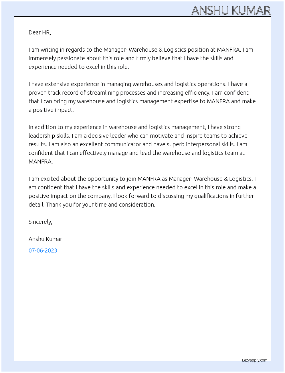 Manager- Warehouse & Logistics At MANFRA Cover Letter