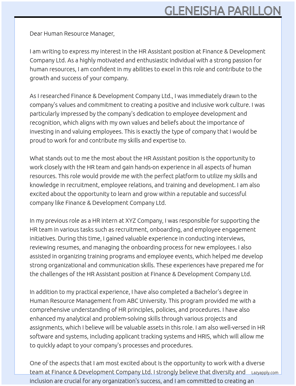 HR Assistant  At Finance & Development Company Ltd. Cover Letter