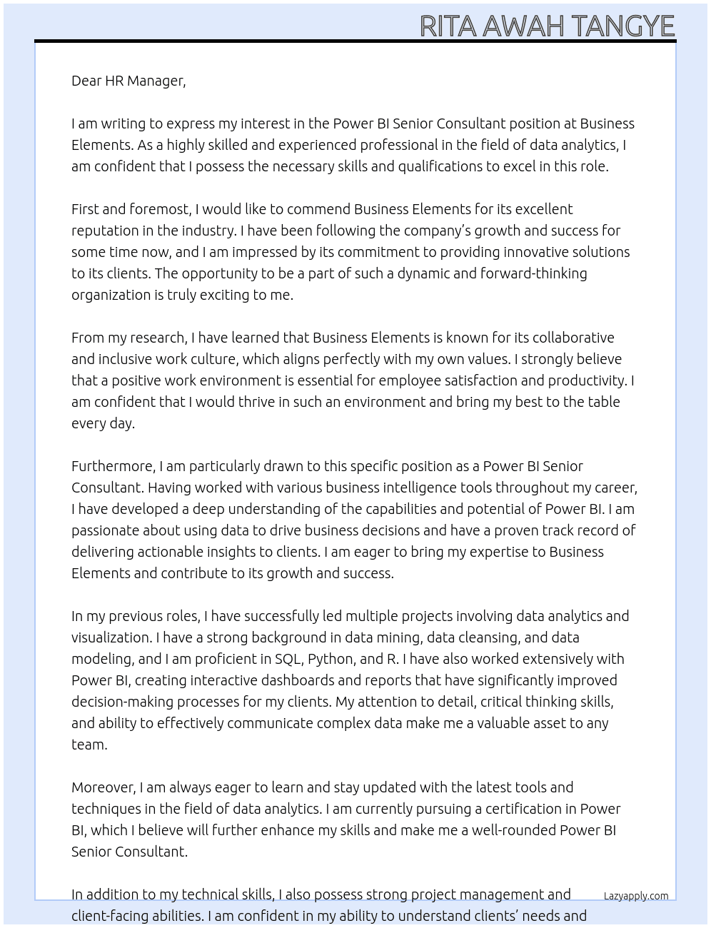 Power BI Senior Consultant At Business Elements Cover Letter
