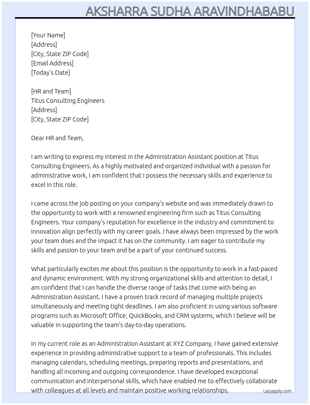 Administration Assistant At Titus Consulting Engineers  Cover Letter