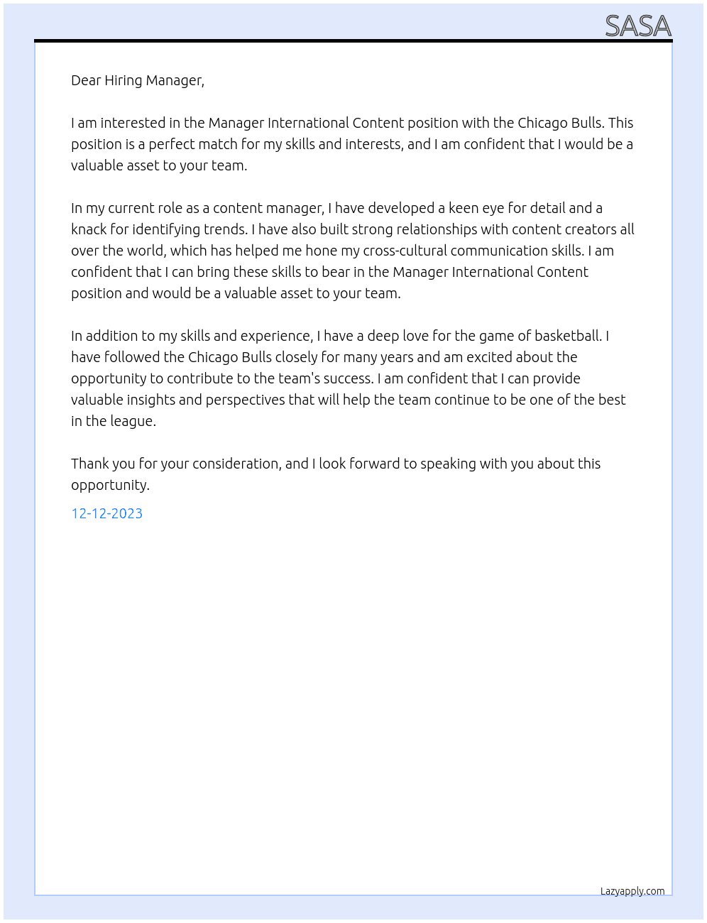 manager international content At chicago bulls Cover Letter