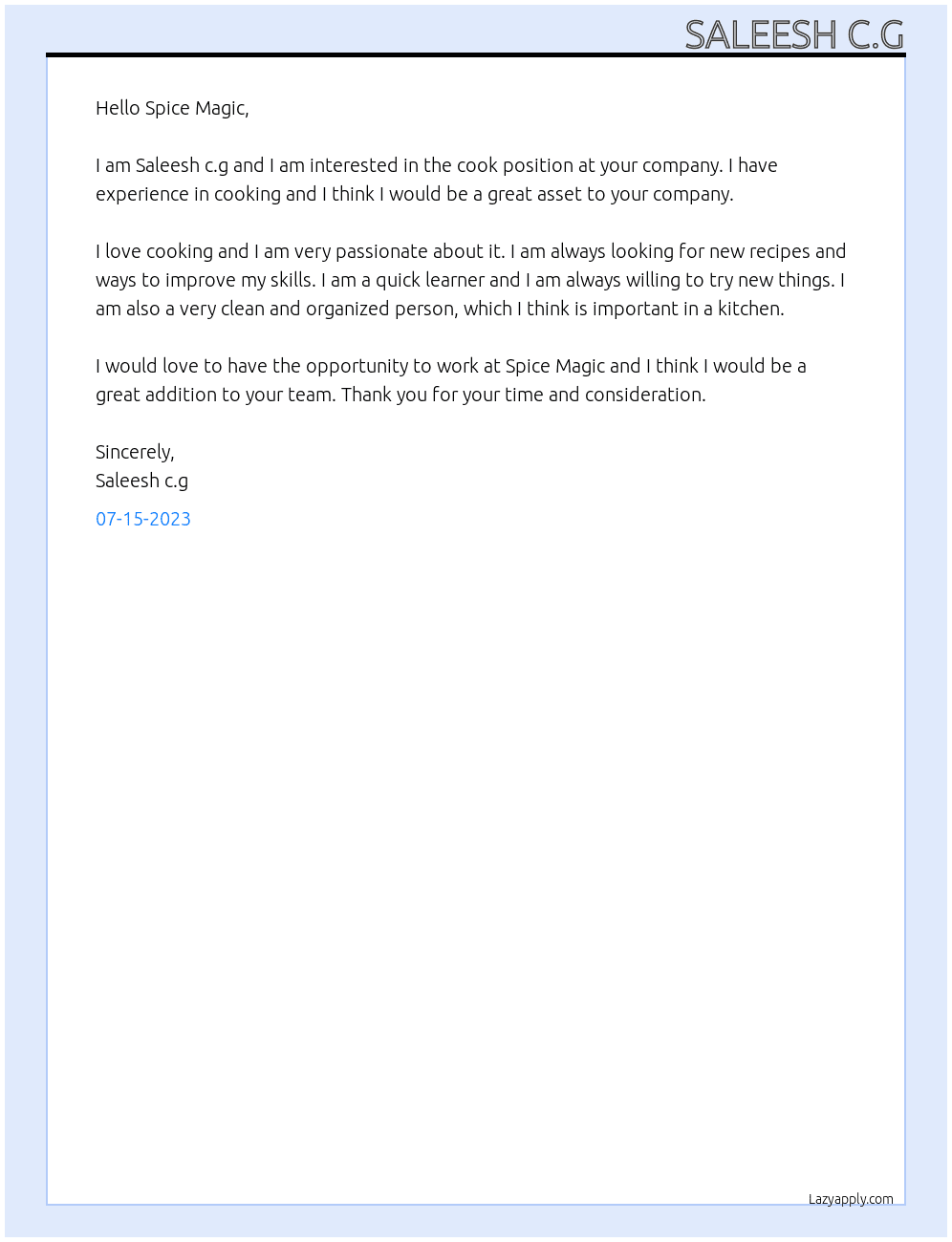 Cook At Spice Magic Cover Letter