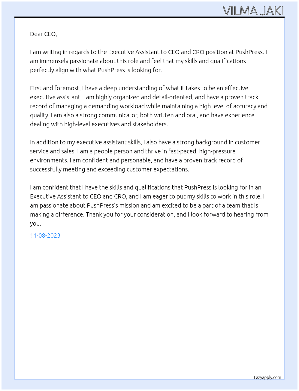 Executive Assistant to CEO and CRO At PushPress Cover Letter