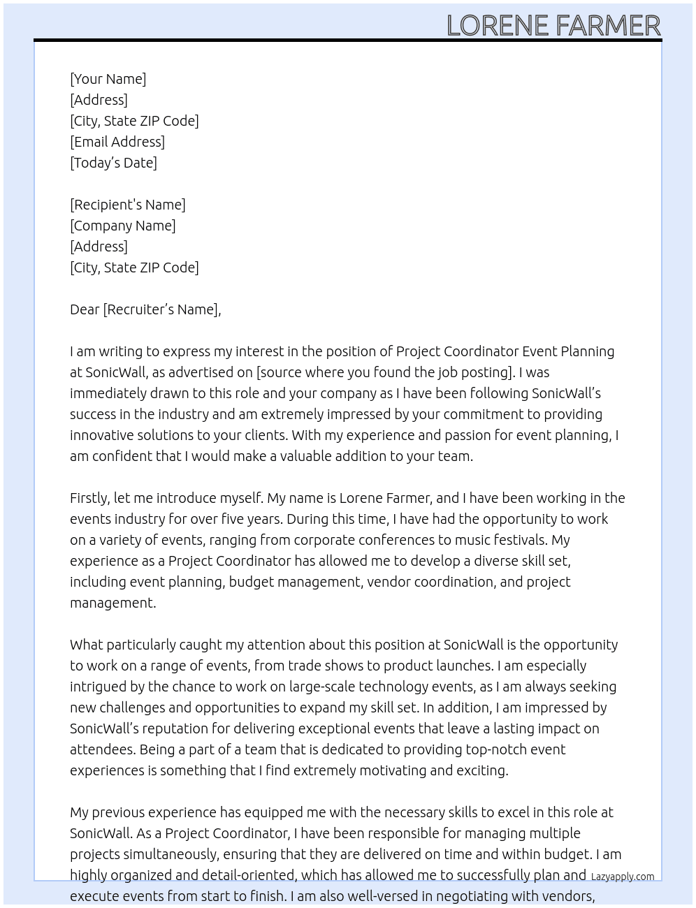 Project Coordinator Event Planning At SonicWall Cover Letter