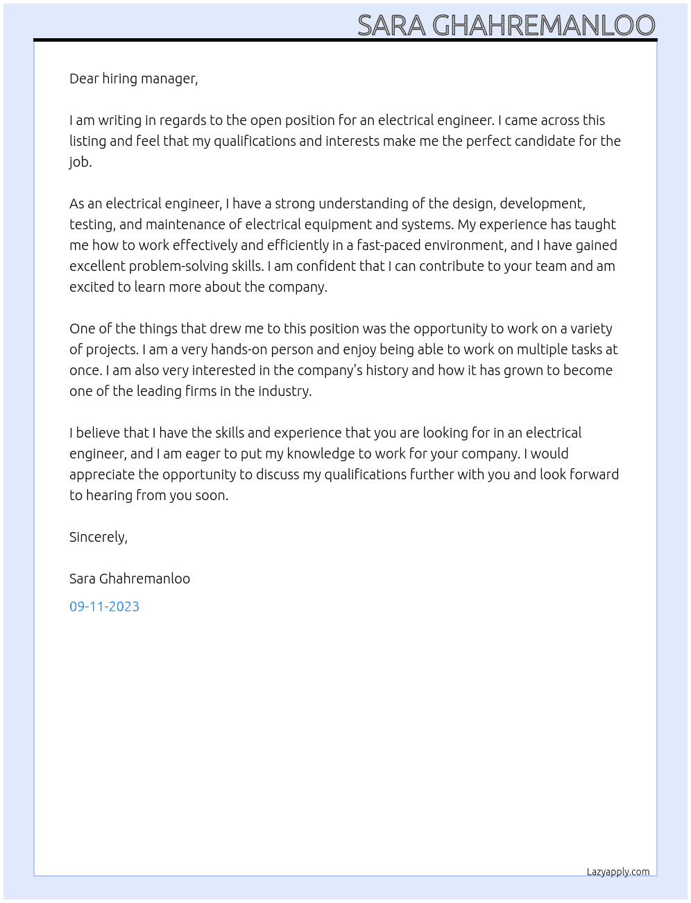 Electrical engineer At Sara Ghahremanloo Cover Letter