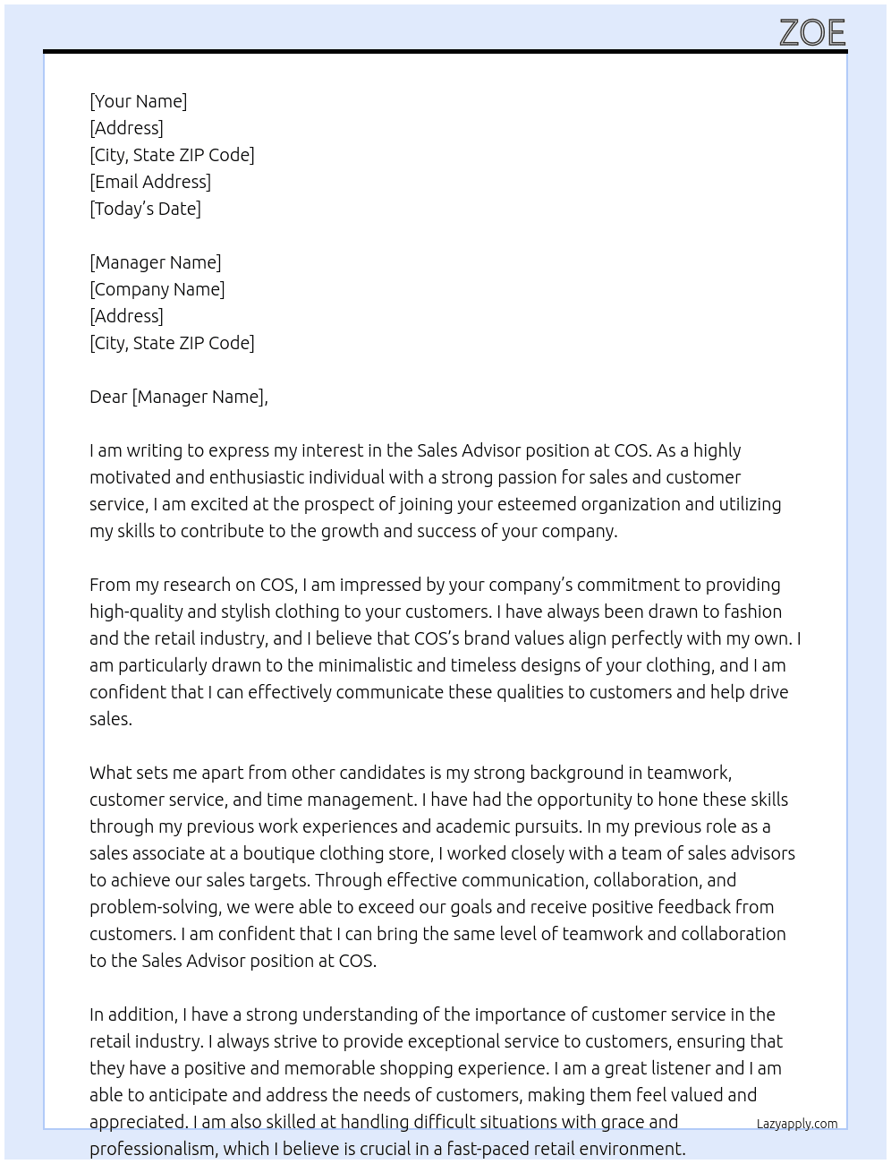 Sales Advisor At COS Cover Letter