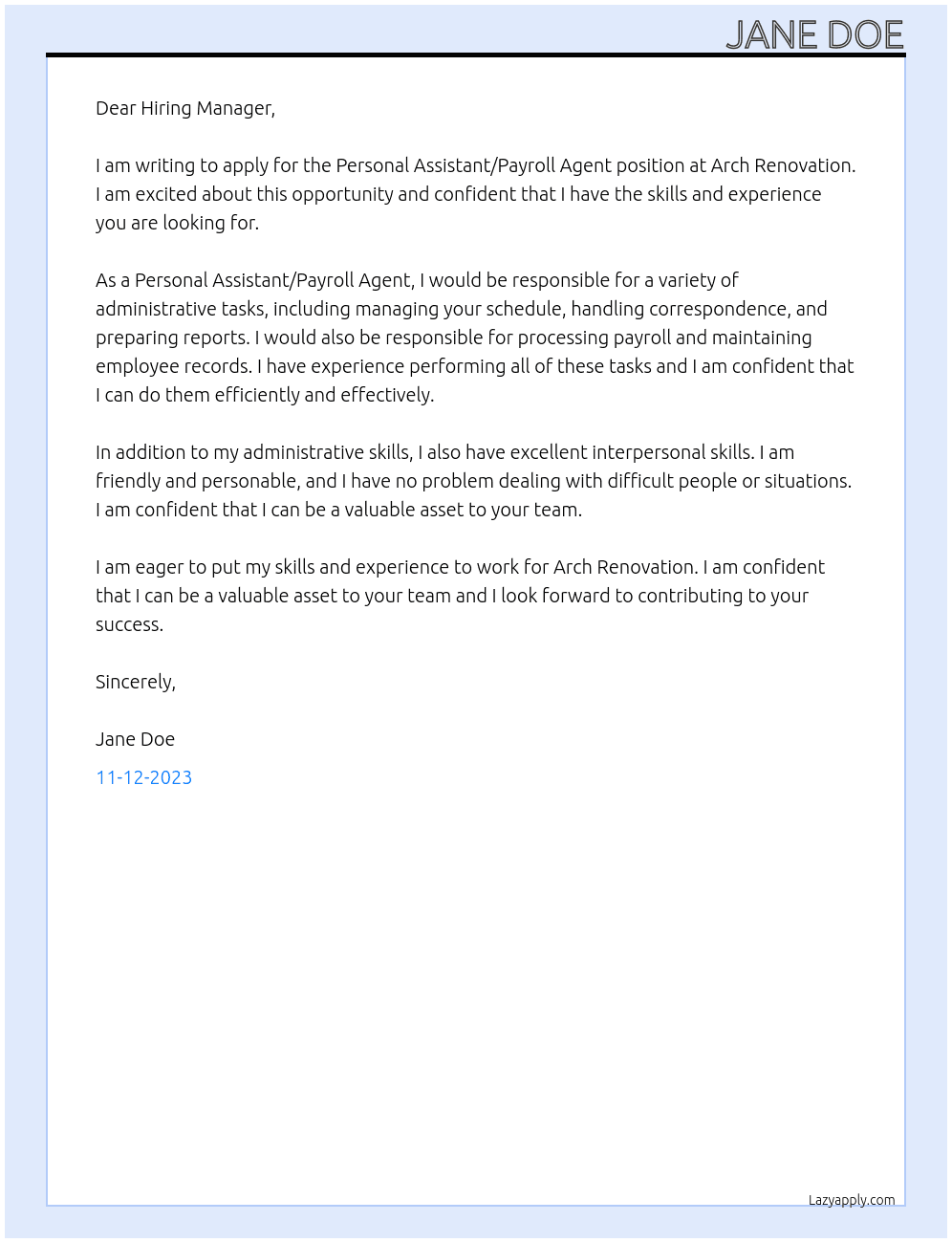 Personal Assistant/Payroll Agent At Arch Renovation Cover Letter