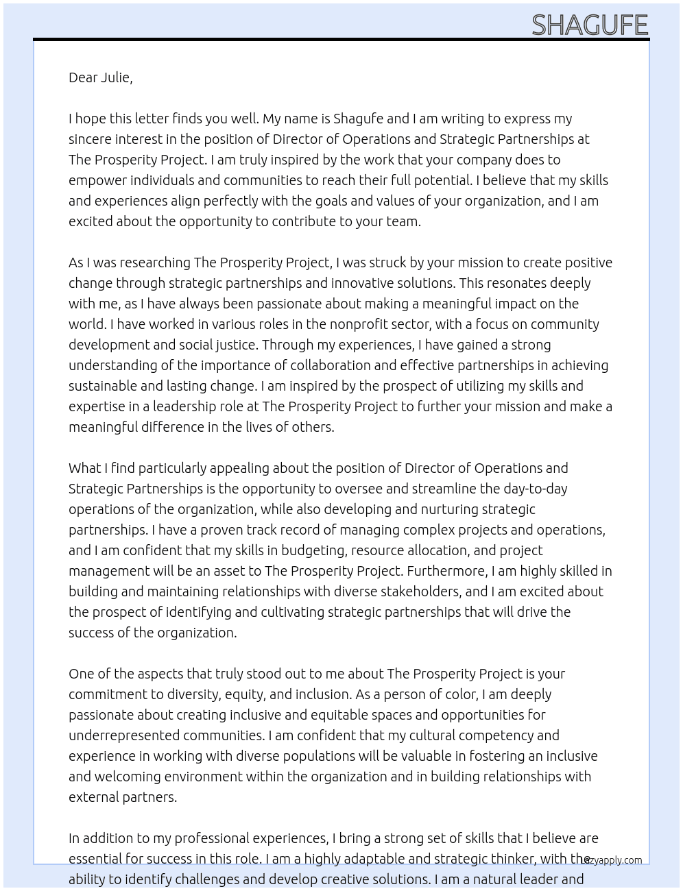 Director of Operations and Strategic Partnerships At The Prosperity Project Cover Letter