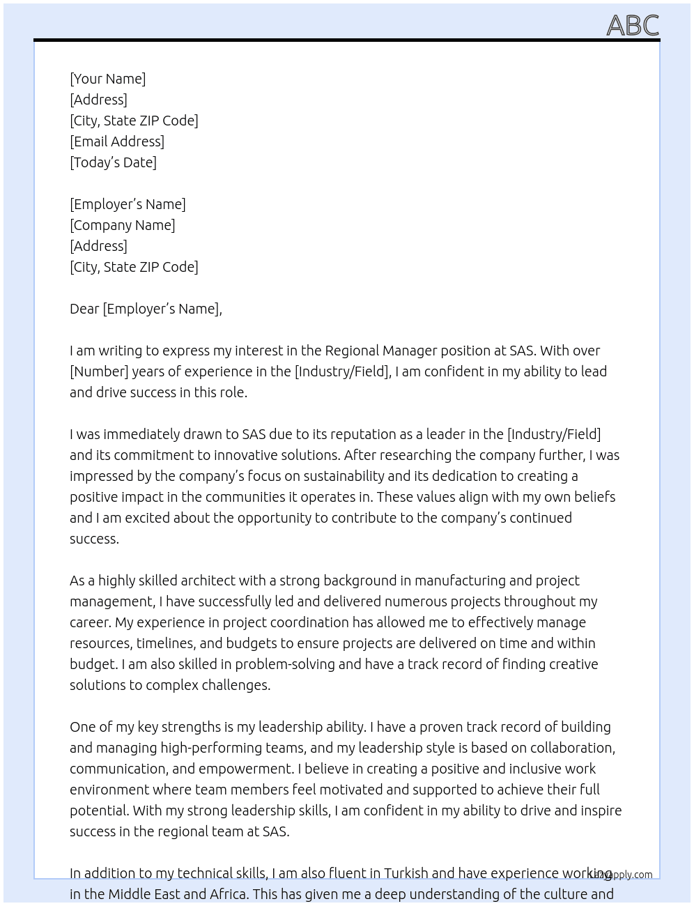 regional manager At sas Cover Letter