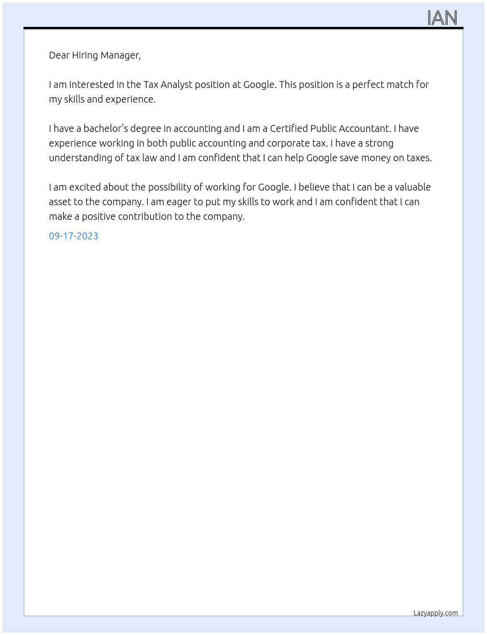 Tax Analyst  At Google Cover Letter